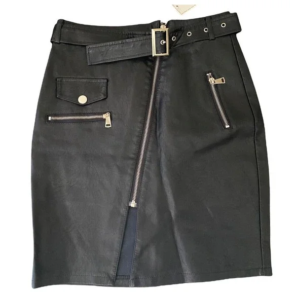 Golden Black Skirts Black Faux Leather Zip High With Belt